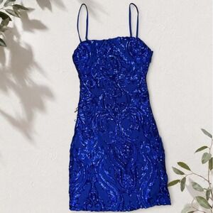 B. Darlin Blue Sequin Mini Dress Beaded Paisley Homecoming Bow Back Size 7/8